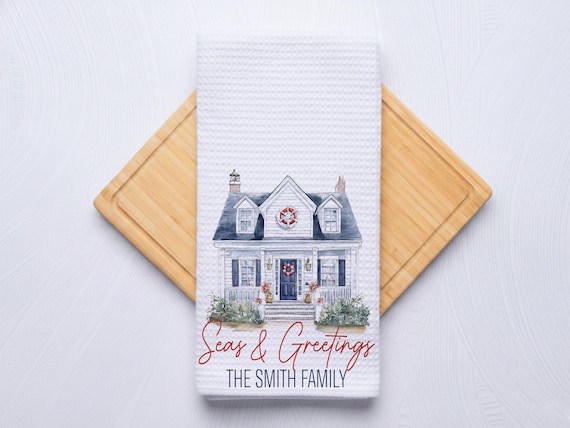 Seas and Greetings Coastal Christmas coastal farmhouse Hand Towel for Nautical Kitchen & Bathroom