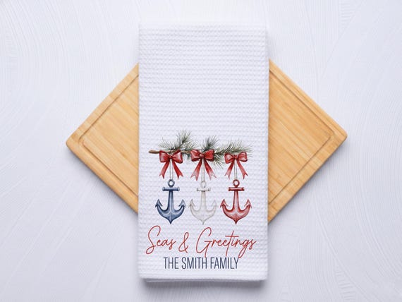 Seas and Greetings Coastal Christmas Anchor Hand Towel for Nautical Kitchen & Bathroom