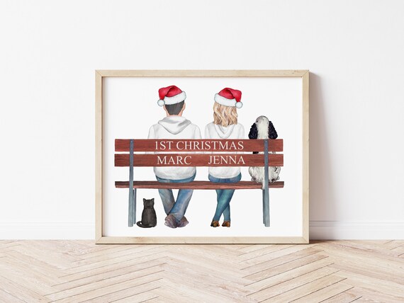 Our First Christmas Personalized Couples Portrait with Pets, Digital Download