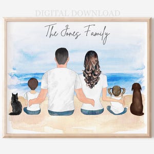 Printable Digital Download Personalized Beach FamilyPortrait Gift With Pets Cat & Dogs, Family Gift Keepsake, Custom Family Portrait