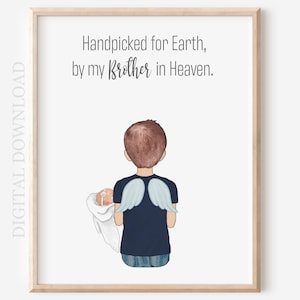 Personalized Portrait Gift, Handpicked for Earth By My Brother in Heaven Custom Illustration, Digital Download Gift for New Baby after Loss