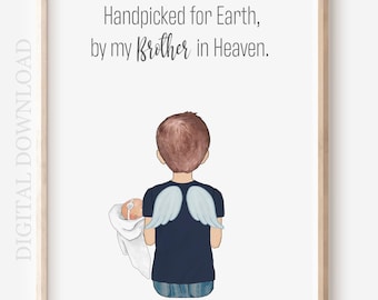 Personalized Portrait Gift, Handpicked for Earth By My Brother in Heaven Custom Illustration, Digital Download Gift for New Baby after Loss