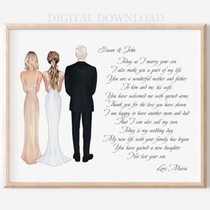 Beau-mère et beau-père de la mariée, cadeau portrait de mariage le jour du mariage, cadeau personnalisé de la mariée le jour du mariage, illustration, art de la belle-fille