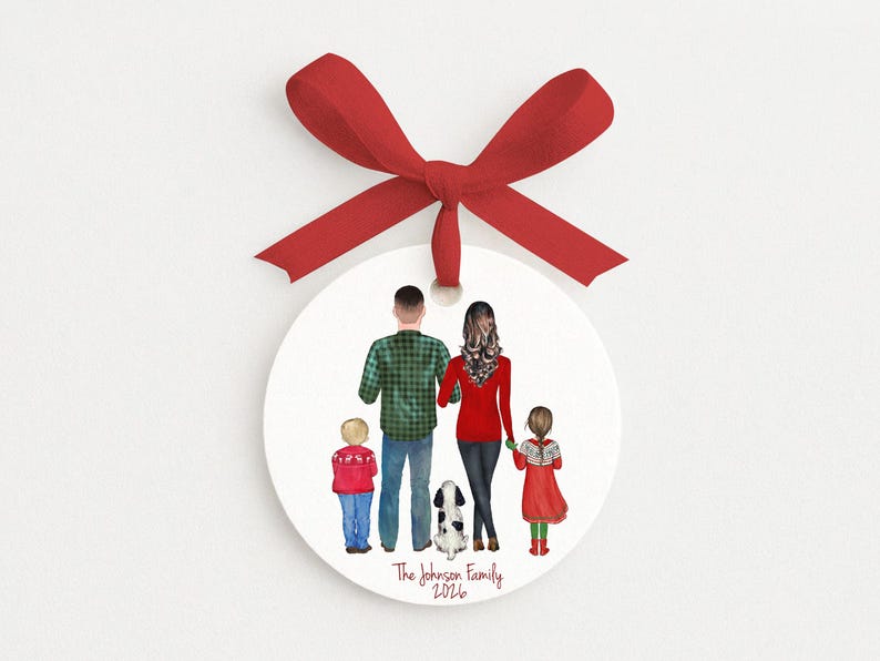 Family Christmas Ornament with Pets, Personalized Portrait Drawing