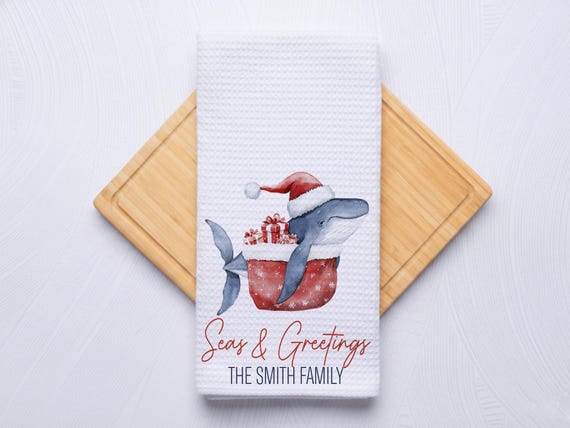 Seas and Greetings Coastal Christmas Whale Hand Towel for Nautical Kitchen & Bathroom