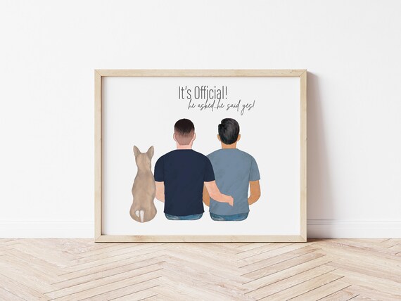 It's Official Personalized Gay Couple Portrait with Pets, Digital Download