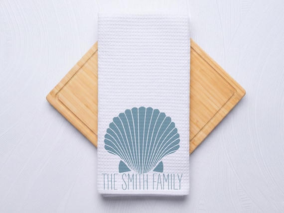 Seaside Customizable Seashell Kitchen Towel, Waffle Weave Decor