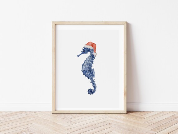 Seahorse Santa Coastal Wall Art - Winter & Holiday Wall Art - Christmas Seahorse Decor - Coastal Home Decor - Printable Digital Download Art