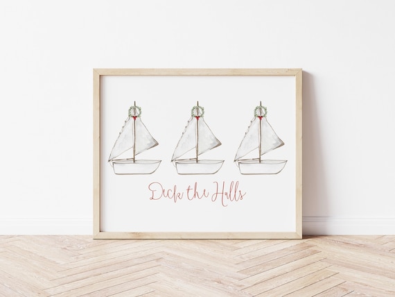 Deck the Hulls Sailboat Christmas Wreath Print: Coastal Holiday Wall Art (Digital Download)