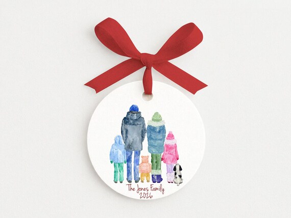 Family Christmas Ornament with Pets, Personalized Portrait Drawing