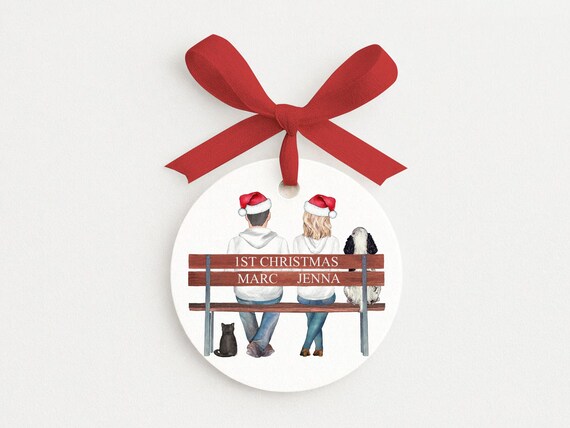 Couples Portrait Ornament With Pets, Personalized Our First Christmas or Anniversary