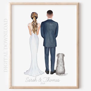 Bride & Groom Personalized Wedding Day Portrait, Bride and Groom Illustration with Pets, Custom Wedding and Engagement Gift, Wedding Decor