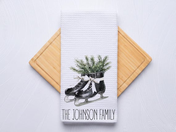 Vintage Ice Skates Personalized Black Christmas Hand Towel for Kitchen and Bath