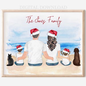 Aangepast kerstfamilieportret op strand met huisdieren (digitale download)