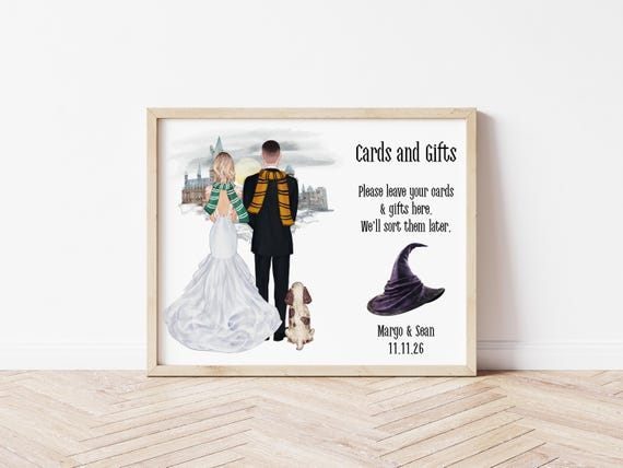 Wizard Wedding Sign Portrait With Pets for Cards and Gifts, Personalized Digital Download