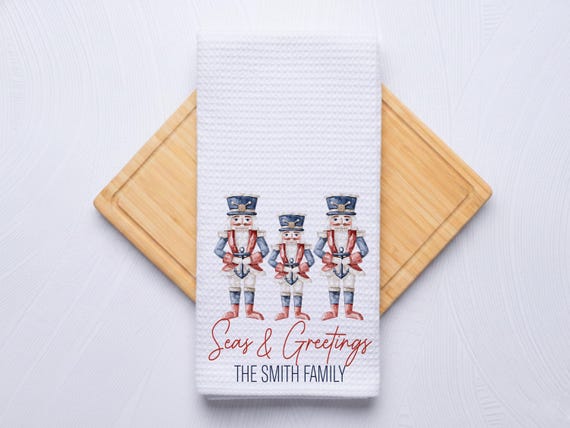 Seas and Greetings Coastal Christmas Nutcracker Hand Towel for Nautical Kitchen & Bathroom