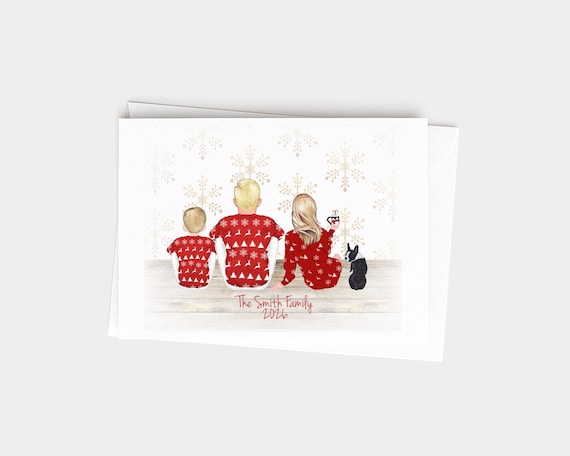Christmas Snowflake Pajama Family Portrait Greeting Card with Pets