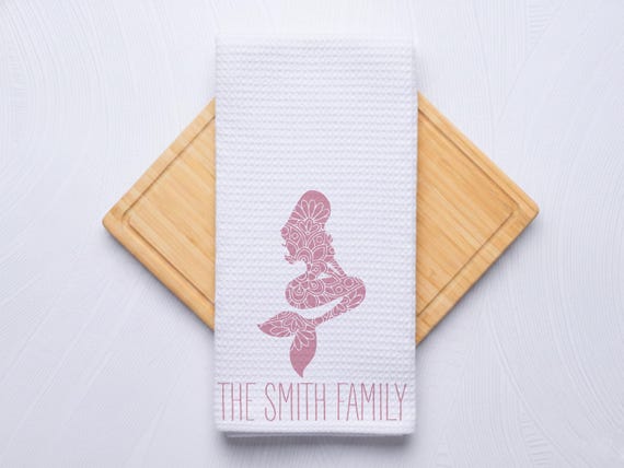 Custom Mermaid Towel for Kitchen and Bath, Personalized Name and Color