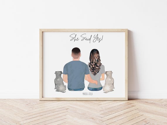 She Said Yes Personalized Couples Portrait with Pets, Digital Download