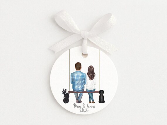 Personalized Christmas Ornament • Family and Pets Portrait • Engagement Party