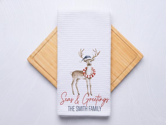 Seas and Greetings Coastal Christmas Reindeer Hand Towel for Nautical Kitchen & Bathroom