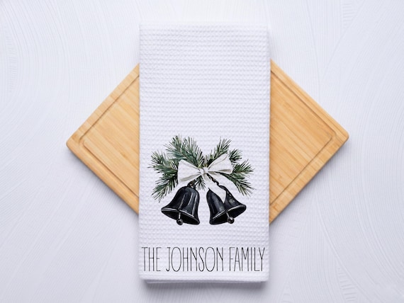 Jingle Bells Garland Personalized Black Christmas Hand Towel for Kitchen and Bath