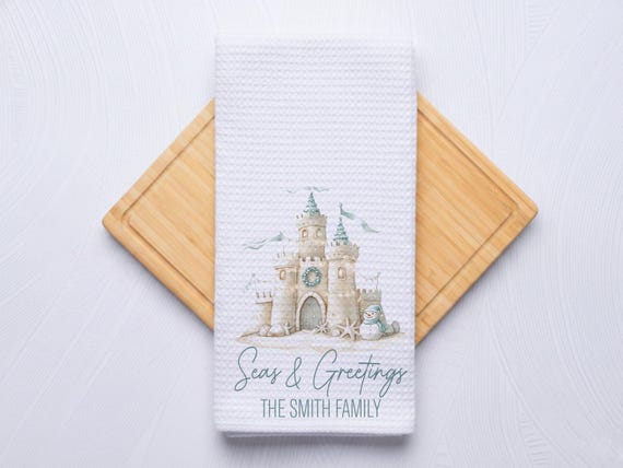 Winter Sand Castle Hand Towel for Coastal Christmas Nautical Kitchen & Bathroom