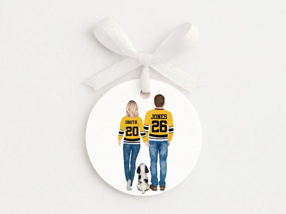 Personalized Hockey Couple Ornament in Jerseys for Engagement or Anniversary