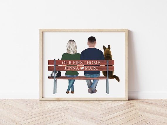 Couples Keepsake Portrait with Pets, Personalized Digital Download Art