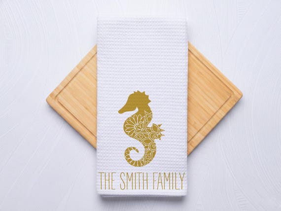 Seahorse Outline Custom Kitchen and Bath Towel, Housewarming Gift