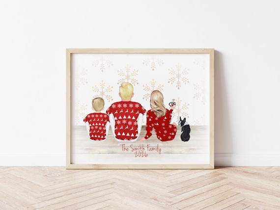 Custom Illustration Christmas Family in Pajamas with Pets