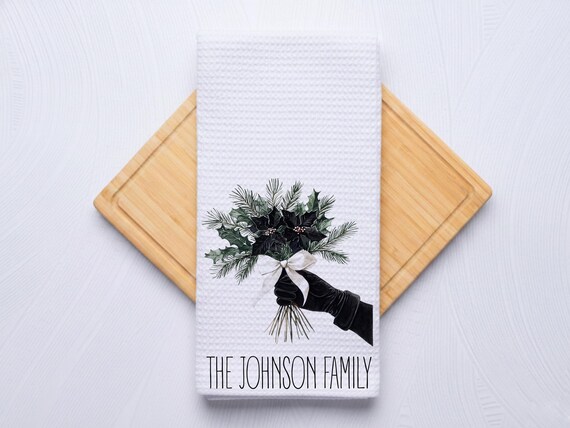 Black and White Bouqet Personalized Christmas Hand Towel for Kitchen and Bath