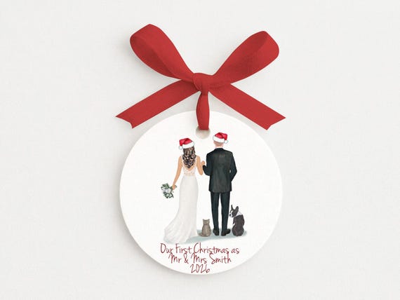 Our First Christmas Married Personalized Wedding Ornament • Couple and Pets  • Winter