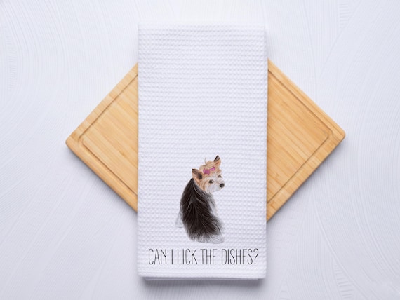 Can I Lick the Dishes Custom Pet Portrait Waffle Weave Kitchen Towel