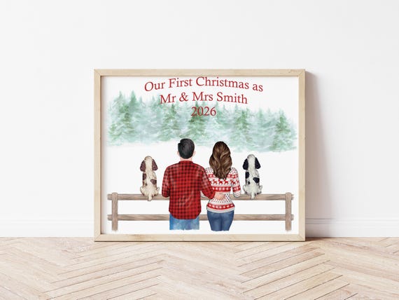 Our First Christmas Couples Portrait with Pets: Digital Download Holiday Decor