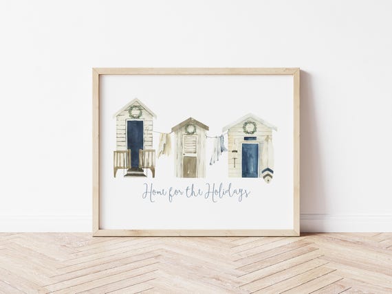 Wooden Beach Huts Coastal Christmas Art Print: Lighthouse Holiday Wreath (Digital Download)