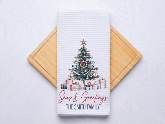 Seas and Greetings Coastal Christmas Tree Hand Towel for Nautical Kitchen & Bathroom