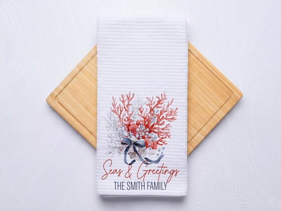 Seas and Greetings Coastal Christmas Coral Hand Towel for Nautical Kitchen & Bathroom