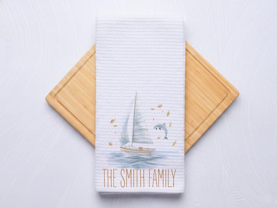 Fall Sailboat Personalized Coastal Hand Towel for Kitchen and Bathroom