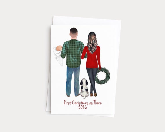 Our First Christmas As Three Personalized Card with Baby and Pets