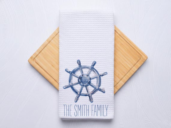 Boat Wheel Helm Hand Towel for Kitchen and Bath, Personalized Coastal Beach Home Decor