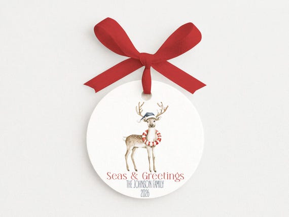 Christmas Reindeer Personalized Family Ornament • Nautical • Beach Theme • Seas & Greetings