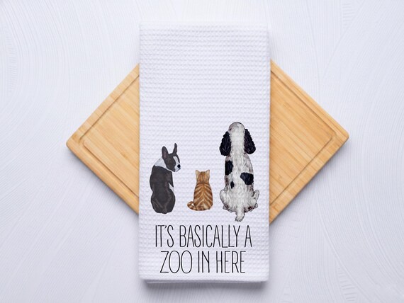 Basically a Zoo in Here Custom Pet Portrait Waffle Weave Kitchen Towel