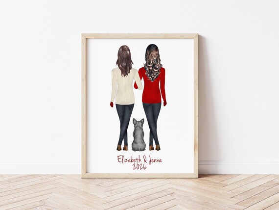 Personalized Mrs and Mrs Portrait with Pets, Lesbian Christmas Gift (Digital Download)