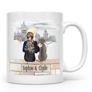 Personalized Wizard Girl and Dog Best Friends,  Pets Coffee Mug, Custom Illustration Portrait, Graduation and Birthday Gift, Best Friends