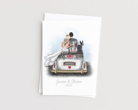 Car Wedding Portrait Greeting Card, Personalized Bride, Groom & Pets