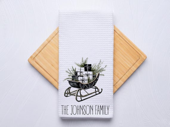 Vintage Sleigh Garland Personalized Black Christmas Hand Towel for Kitchen and Bath