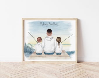 Retrato personalizado de amigos de pesca con mascotas, descarga digital para el Día del Padre