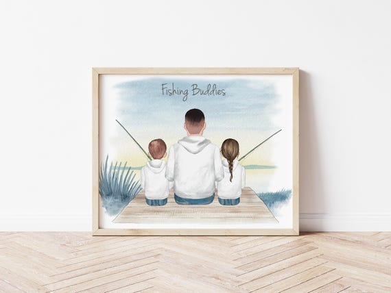 Fishing Buddies Personalized Portrait with Pets, Digital Download for Father's Day
