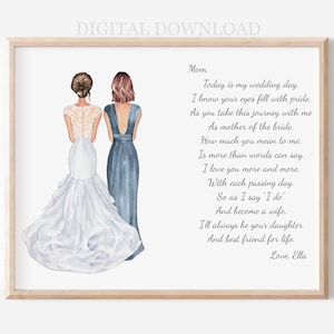 Mother of the Bride Personalized Portrait Gift, Printable DIgital Download, Custom Gift for Mom, Daughter on Wedding Day Portrait, Custom